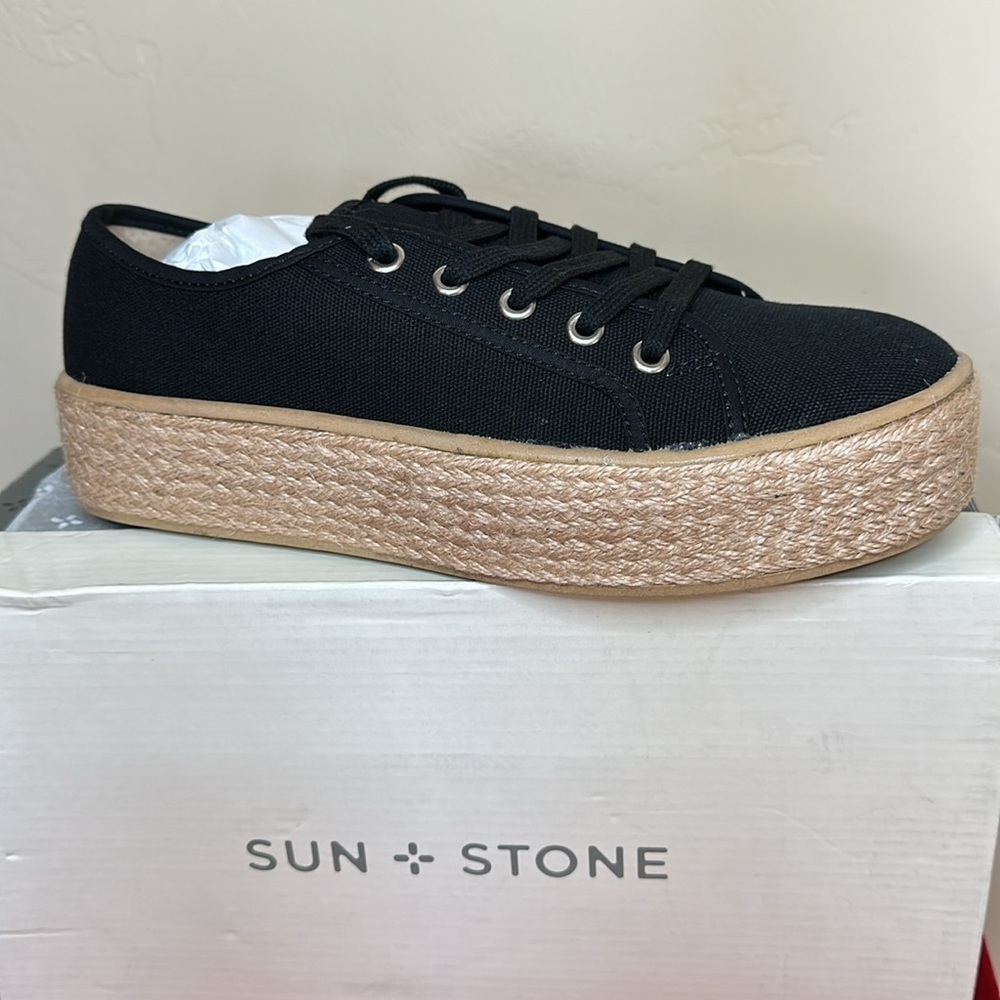 Sun + Stone Indiigo Black Lace-Up Espadrille Canvas Sneakers size 8